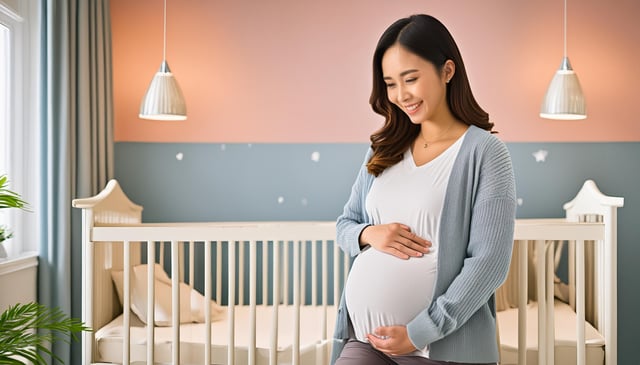 A pregnant woman, smiling and cradling her belly, stands beside a white crib with pillows. She wears a light blue cardigan over a white top.