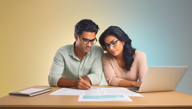 A man and a woman, both wearing glasses, sit closely at a table. The man writes on a document while the woman looks at a laptop. A notebook lies beside them.