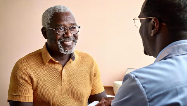 Two people engage in conversation at a table, with one wearing a mustard yellow polo shirt and glasses, while the other is partially visible in a light blue shirt. A warm, peachy background creates a welcoming atmosphere for their discussion.