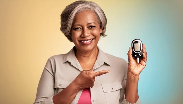 A smiling woman with short gray hair points to a black glucose meter she holds in her right hand. She wears a light gray button-up shirt over a pink top.