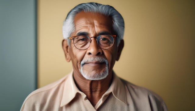 An elderly man with gray hair and glasses gazes forward with a gentle expression. He wears a beige collared shirt, and his neatly trimmed mustache and beard frame his face. His features appear calm and wise against a softly lit background.