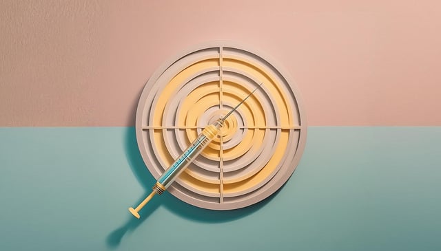 A syringe pierces the center of a circular target with yellow and gray concentric rings. The target's crosshairs align with the syringe, emphasizing precision.