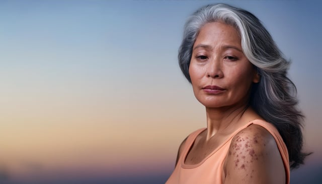 An older woman with long, flowing gray hair gazes softly to the side. She wears a peach-colored sleeveless top, revealing sunspots on her shoulder. The sky gradient suggests a serene evening.