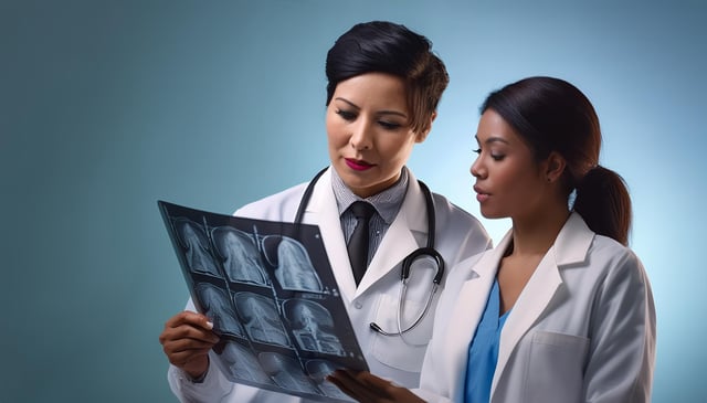 Two doctors in white coats examine X-ray images together. One doctor with short dark hair holds the X-rays, while the other with long dark hair looks on intently. Both have stethoscopes around their necks.