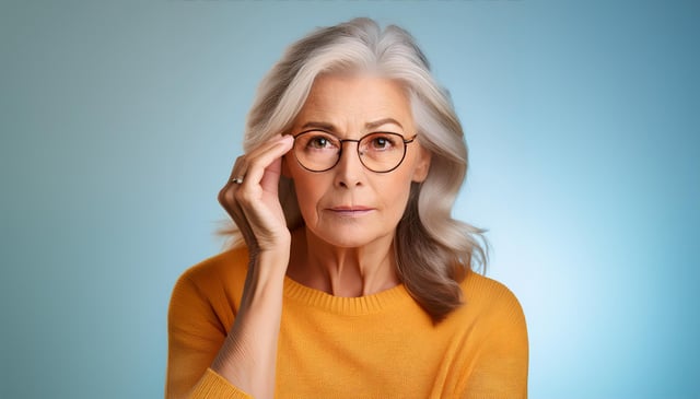 An older woman with long, flowing gray hair holds her round glasses with one hand. She wears a bright yellow sweater and looks directly forward with a calm expression.