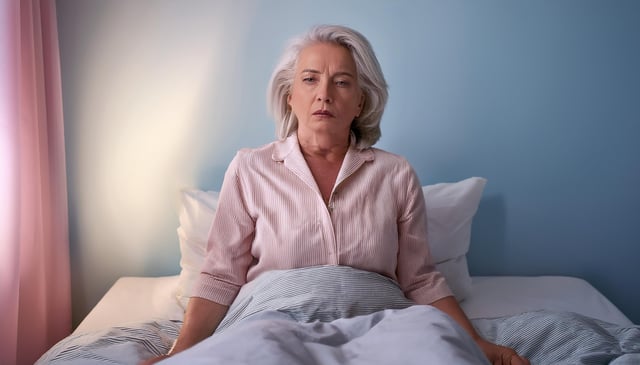 A woman with silver hair and a serious expression sits up in bed, wearing a light pink pajama top. She holds a striped blanket that covers her lap.