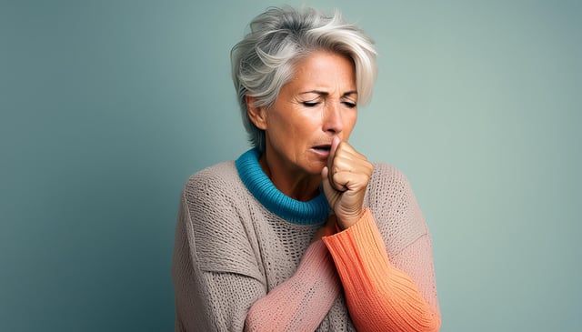 A woman with short gray hair coughs into her fist, wearing a beige sweater with blue and orange sleeves. Her eyes are closed, and her expression appears pained.