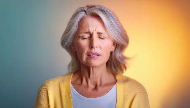 A woman with short, silver hair closes her eyes, showing a contemplative expression. She wears a yellow cardigan over a white top. The warm colors emphasize her calm demeanor.