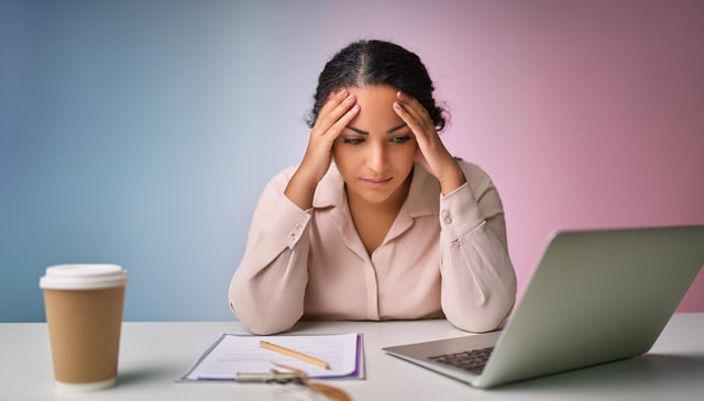 A woman holds her head in frustration while sitting at a desk with a laptop, a coffee cup, and documents. A pencil and clipboard lie in front of her.