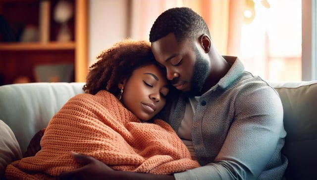 A tender moment shows a couple resting peacefully together on a light gray couch. The woman wears a cozy orange knit sweater while nestled against her partner, who wears a gray button-up shirt.