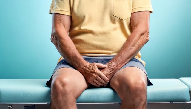 A person wearing a yellow polo shirt and blue shorts sits on a turquoise medical examination table. The clasped hands rest between the knees in what appears to be an anxious or waiting position.