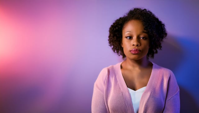 A woman with curly hair looks slightly off-camera with a neutral expression. She wears a pink cardigan over a white top against a purple background with soft pink and blue lighting.