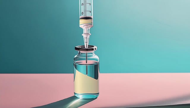 A syringe, partially filled with liquid, penetrates the rubber seal of a glass vial containing a clear solution. The vial rests on a smooth, pink surface.