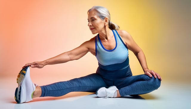 An older woman with grey hair in a ponytail stretches by sitting on the ground, extending one leg and touching her foot. She wears a blue tank top, blue leggings, and white sneakers.