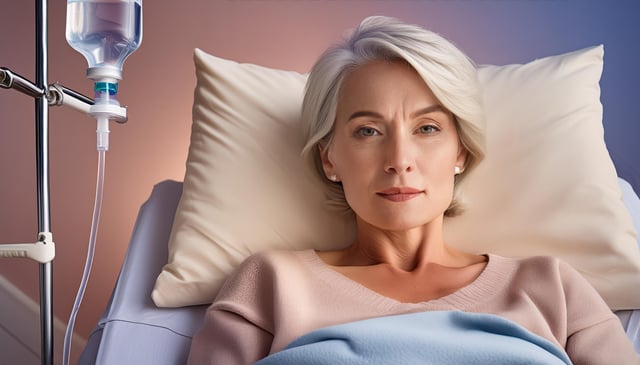 A woman with short, silver hair lies in a hospital bed, resting her head on a cream pillow. She wears a light pink sweater and a light blue blanket covers her. An IV drip is attached to her left side.