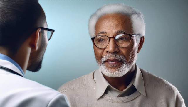 An older man with white hair and a beard wears glasses and a beige sweater, looking thoughtfully at another person. The second individual, partially visible, wears glasses and a white coat.