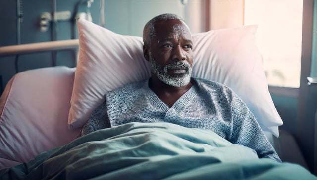 A patient with a white beard rests in a hospital bed, propped up against white pillows. The person wears a dotted hospital gown and is covered with teal-colored bedding in a softly lit room.