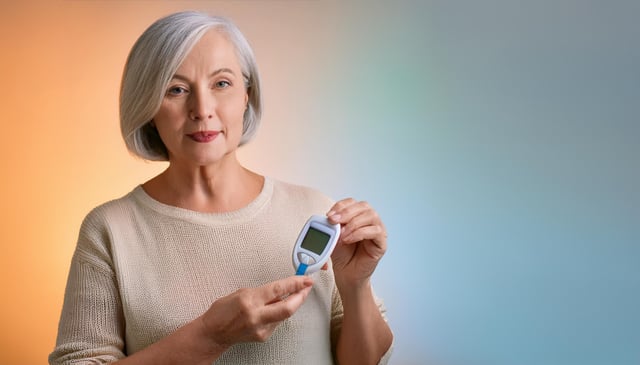 A woman with short gray hair holds a small digital device with a screen and blue test strip. She wears a cream sweater and gazes softly forward.