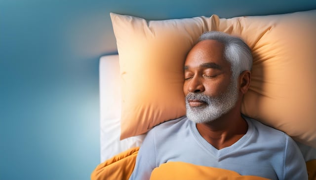 A man with short gray hair and a beard sleeps peacefully. He lies on his back on a white bed, using a large beige pillow and a yellow blanket.