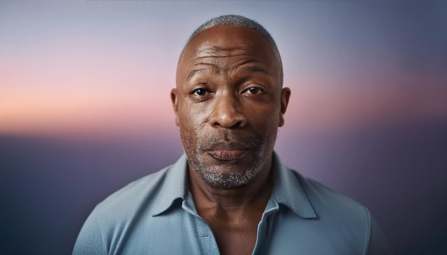 A man with short gray hair and a graying beard looks directly ahead, wearing a light blue shirt with an open collar. His face appears thoughtful and serious.