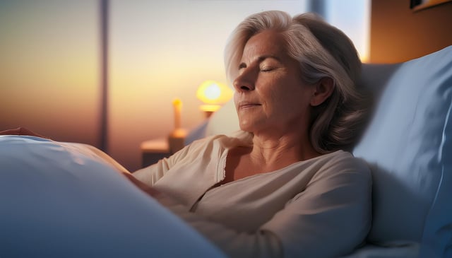 An elderly woman with gray hair peacefully sleeps in a comfortable bed, wearing a light-colored nightgown. Warm light softly illuminates her relaxed face from a lamp nearby.