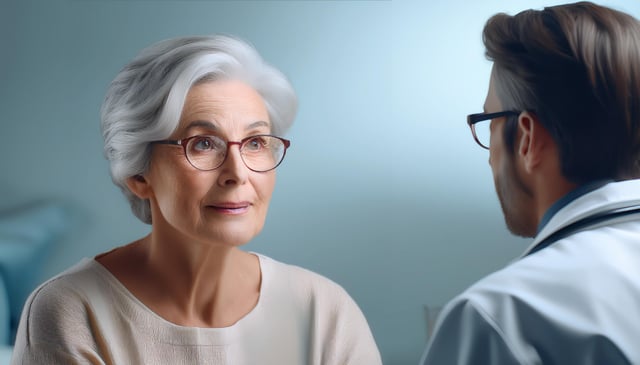 An elderly woman with short white hair and glasses looks attentively at a man in a white coat. The man's back faces the viewer, partially obscuring his face.