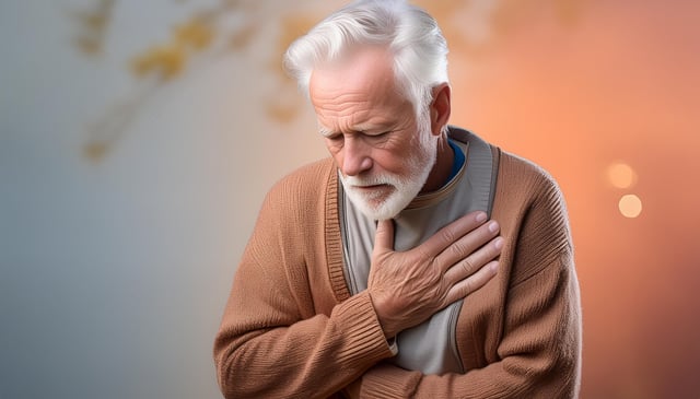 An elderly man with white hair and a beard clutches his chest with his right hand. He wears a light brown cardigan over a gray shirt, appearing concerned.