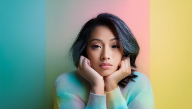 A woman with straight black hair rests her face on her hands, wearing a multi-colored pastel sweater. Her face shows a split of both elevated and depressed moods, with slightly parted lips and subtle makeup.