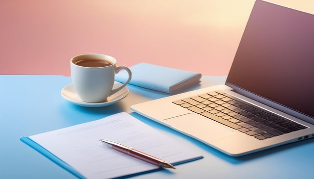 A white coffee cup sits on a saucer next to an open laptop, a closed blue notebook, a document, and a pen on a light blue desk.